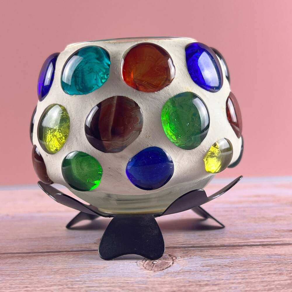 Vintage Glass Jewel Mosaic Candle Holder Multicolor